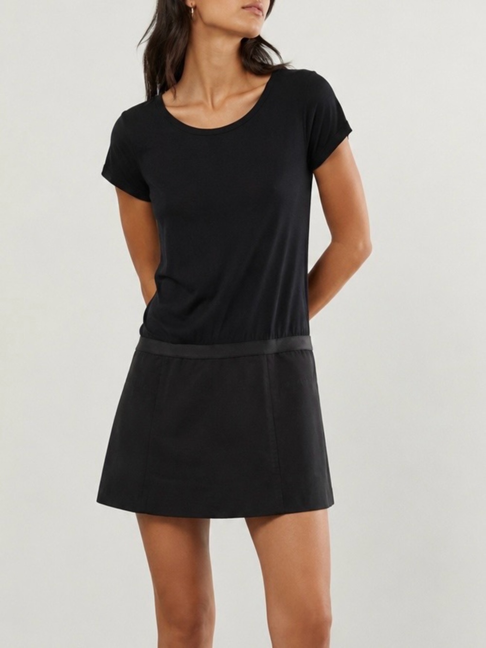 Theory Chera Drop Waist Mini Dress Black Jersey LBD Zip Back Size S Minimalist